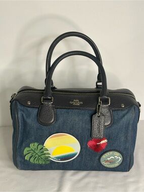 Coach F28957 Bennett Satchel Denim with Hawaii Patches and Blue Leather Trim
